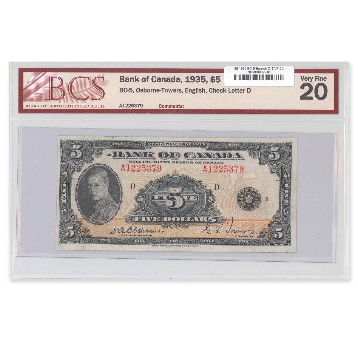 $5 1935 BC-5 English Osborne-Towers Prefix A BCS VF-20
