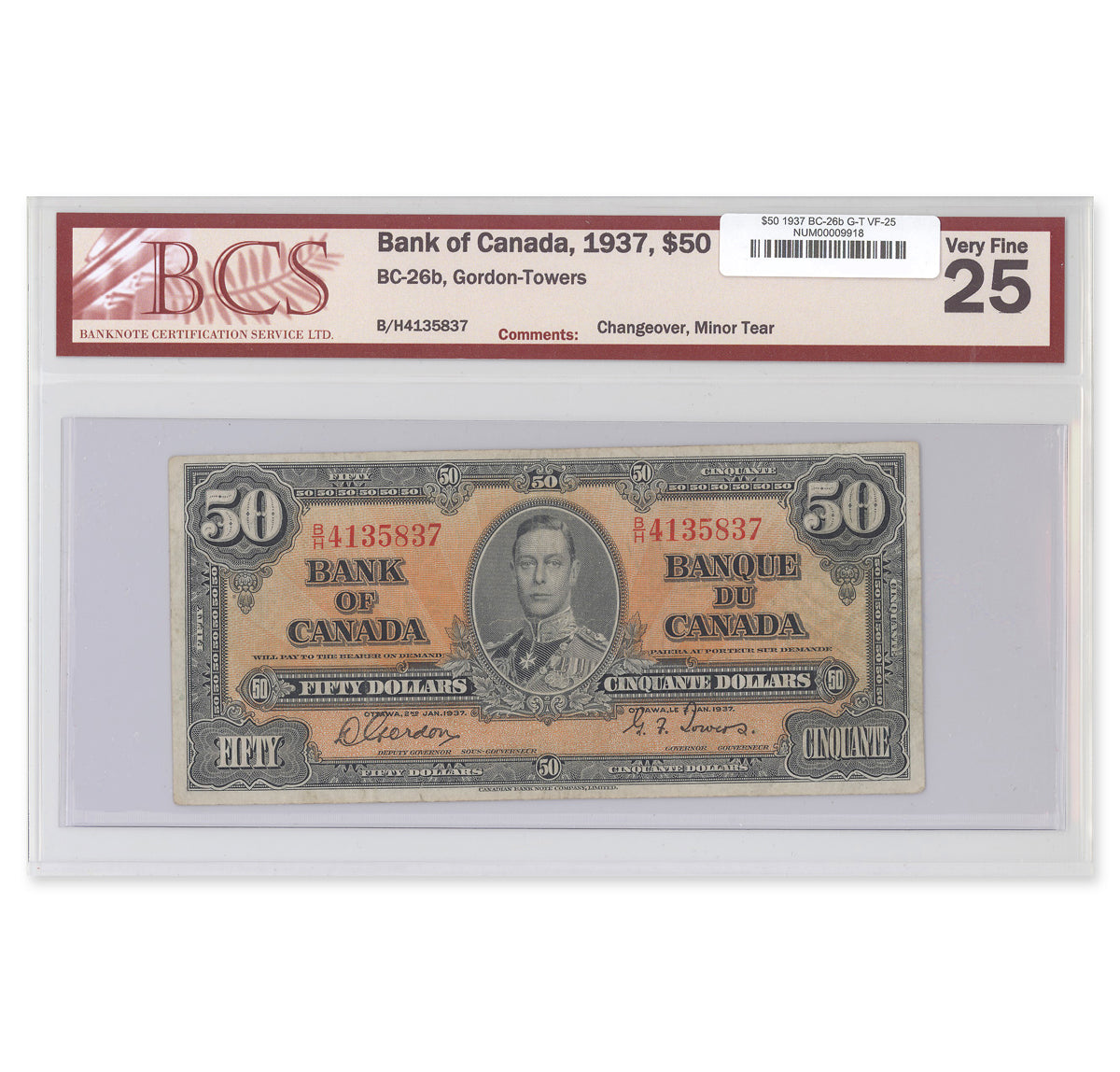$50 1937 BC-26b Gordon-Towers Prefix B/H BCS VF-25