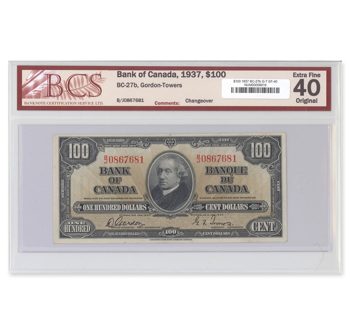 $100 1937 BC-27b Gordon-Towers Prefix B/J BCS EF-40 Original
