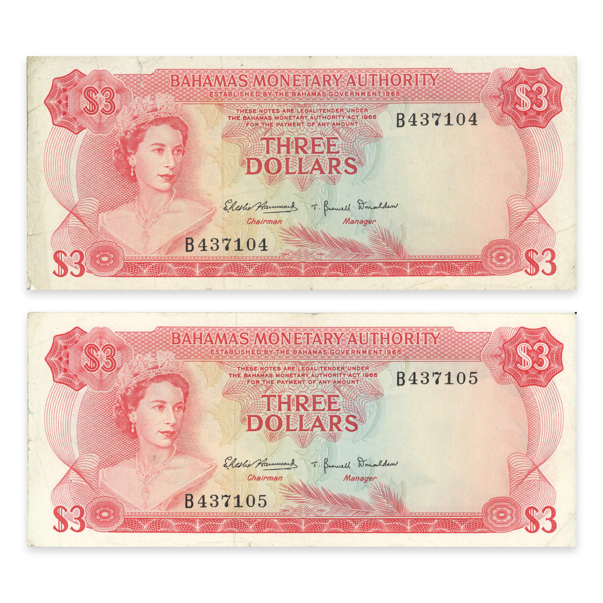 Bahamas 3 Dollars 1968 P# 28a Consec VF-30