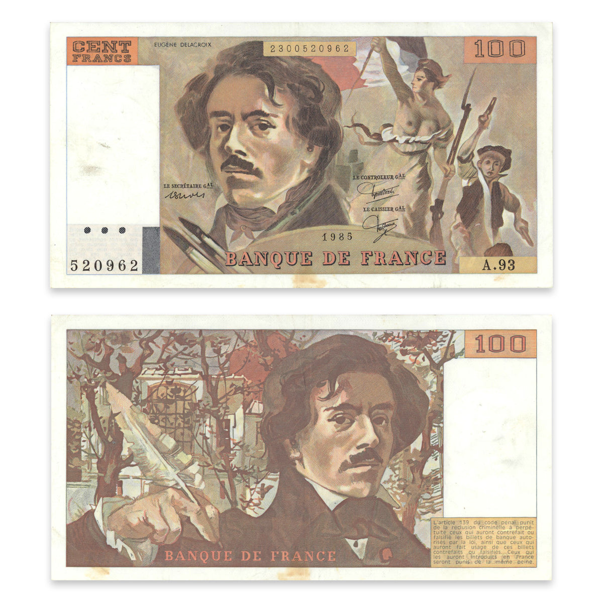 France 100 Francs 1985 P# 154d VF-30