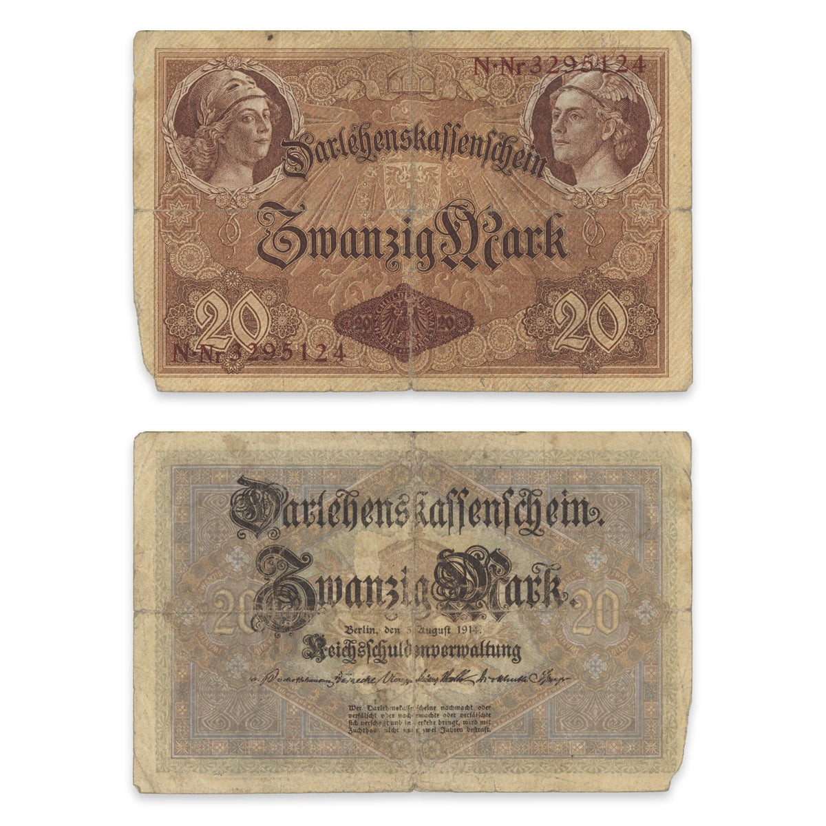 Germany - Empire (Darlehenskassenschein) 20 Mark 1914 P# 48b VG-8
