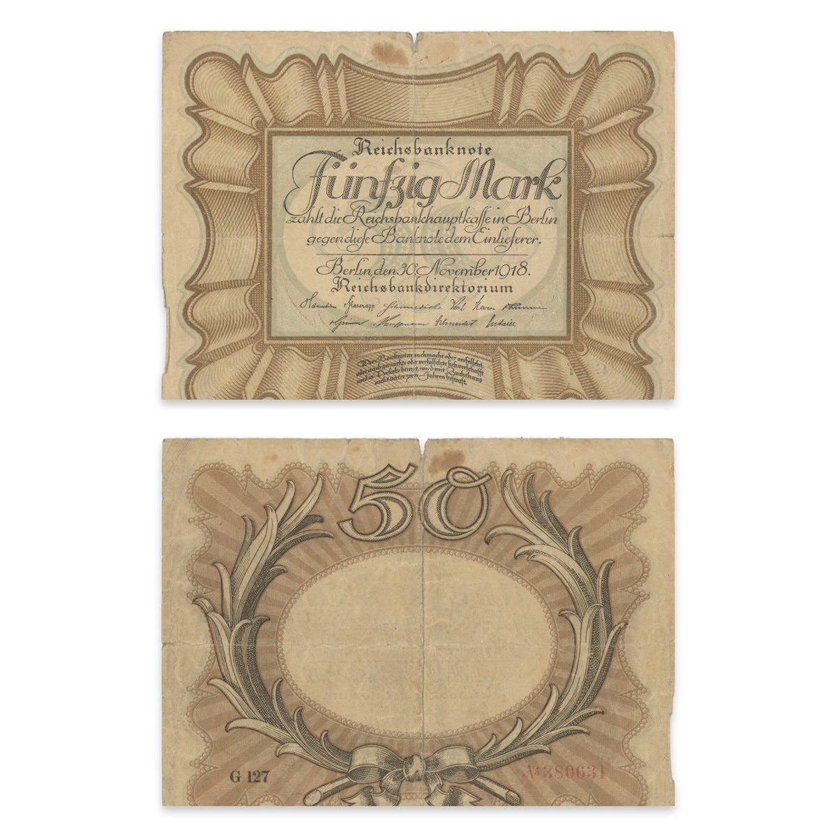 Germany - Empire (Reichsbanknote) 50 Mark 1918 P# 65 F-15