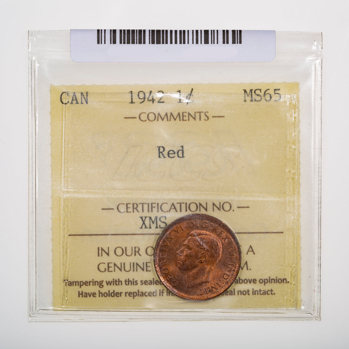 1 Cent 1942 ICCS MS-65 Red