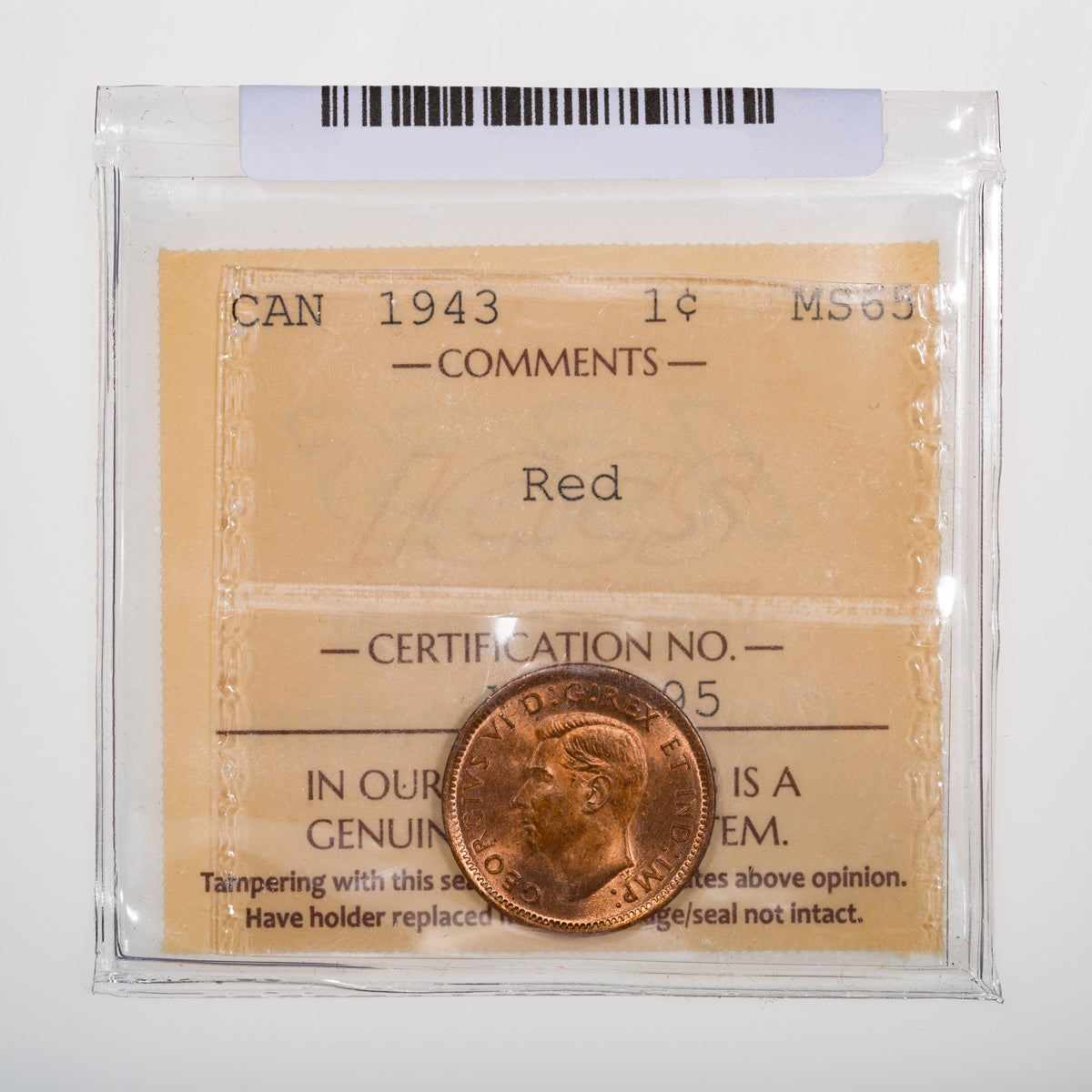 1 Cent 1943 ICCS MS-65 Red