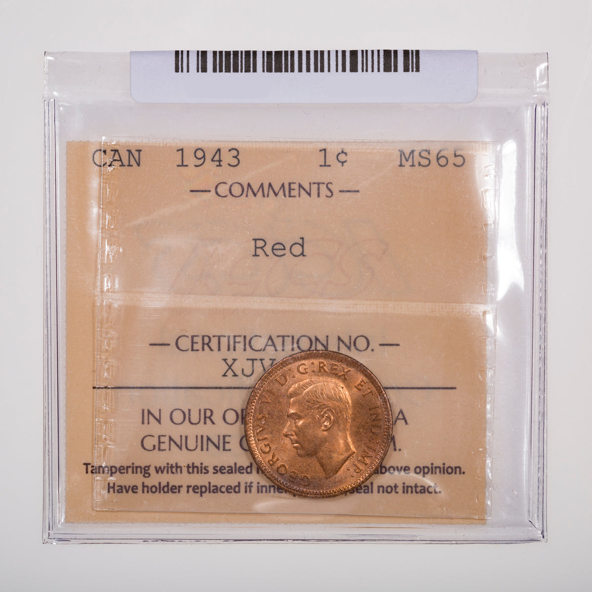 1 Cent 1943 ICCS MS-65 Red