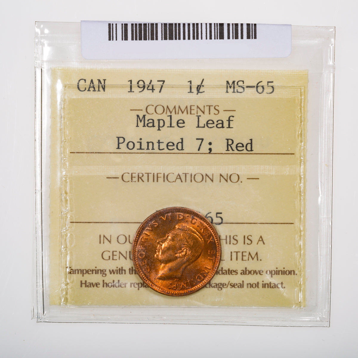 1 Cent 1947 Maple Leaf Pointed 7 ICCS MS-65 Red