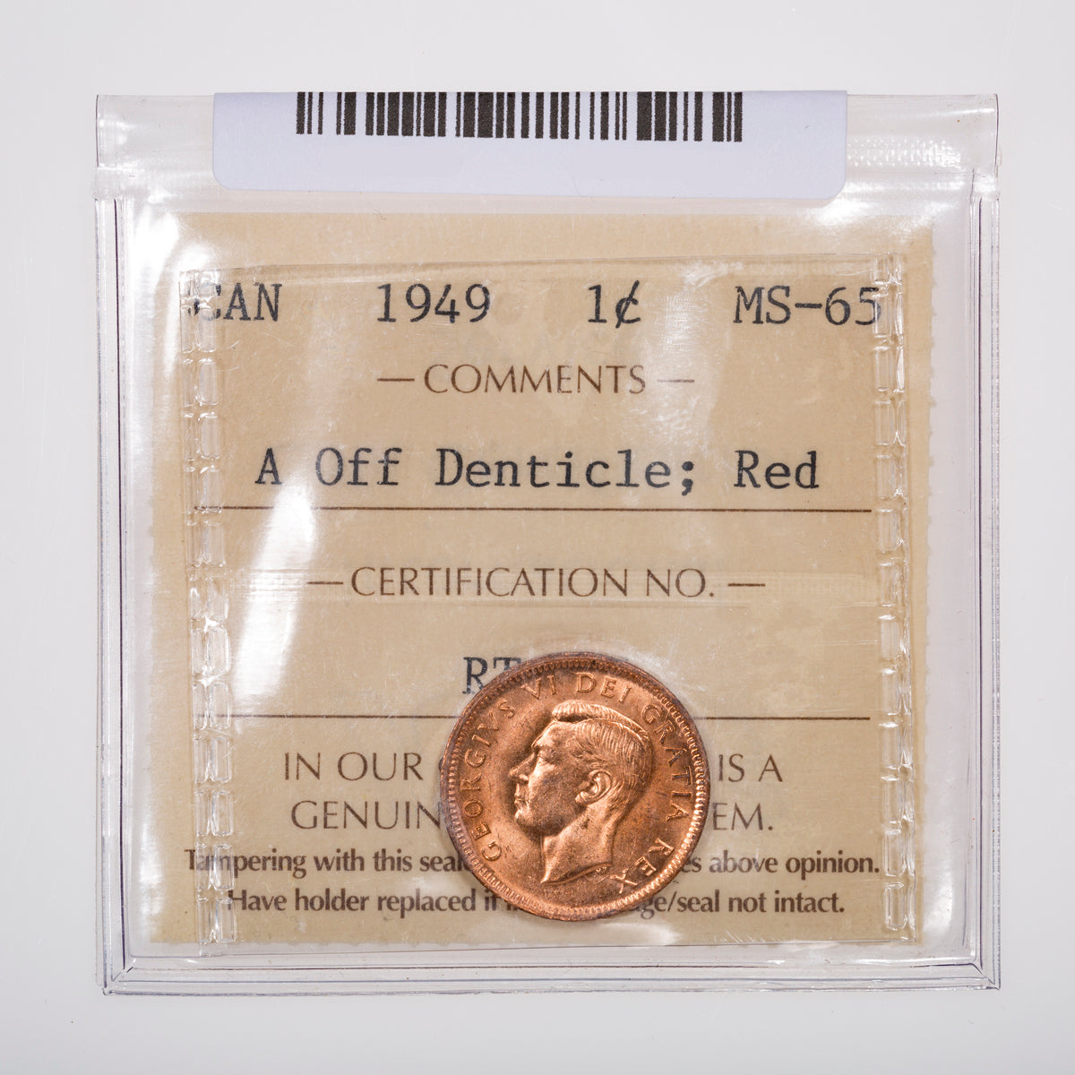 1 Cent 1949 A Off Denticle ICCS MS-65 Red