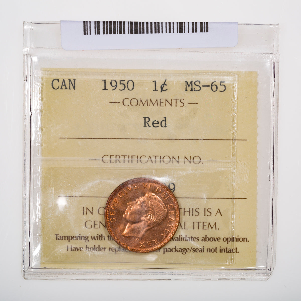 1 Cent 1950 ICCS MS-65 Red