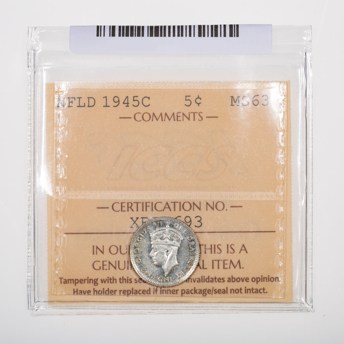 5 Cent 1945C ICCS MS-63