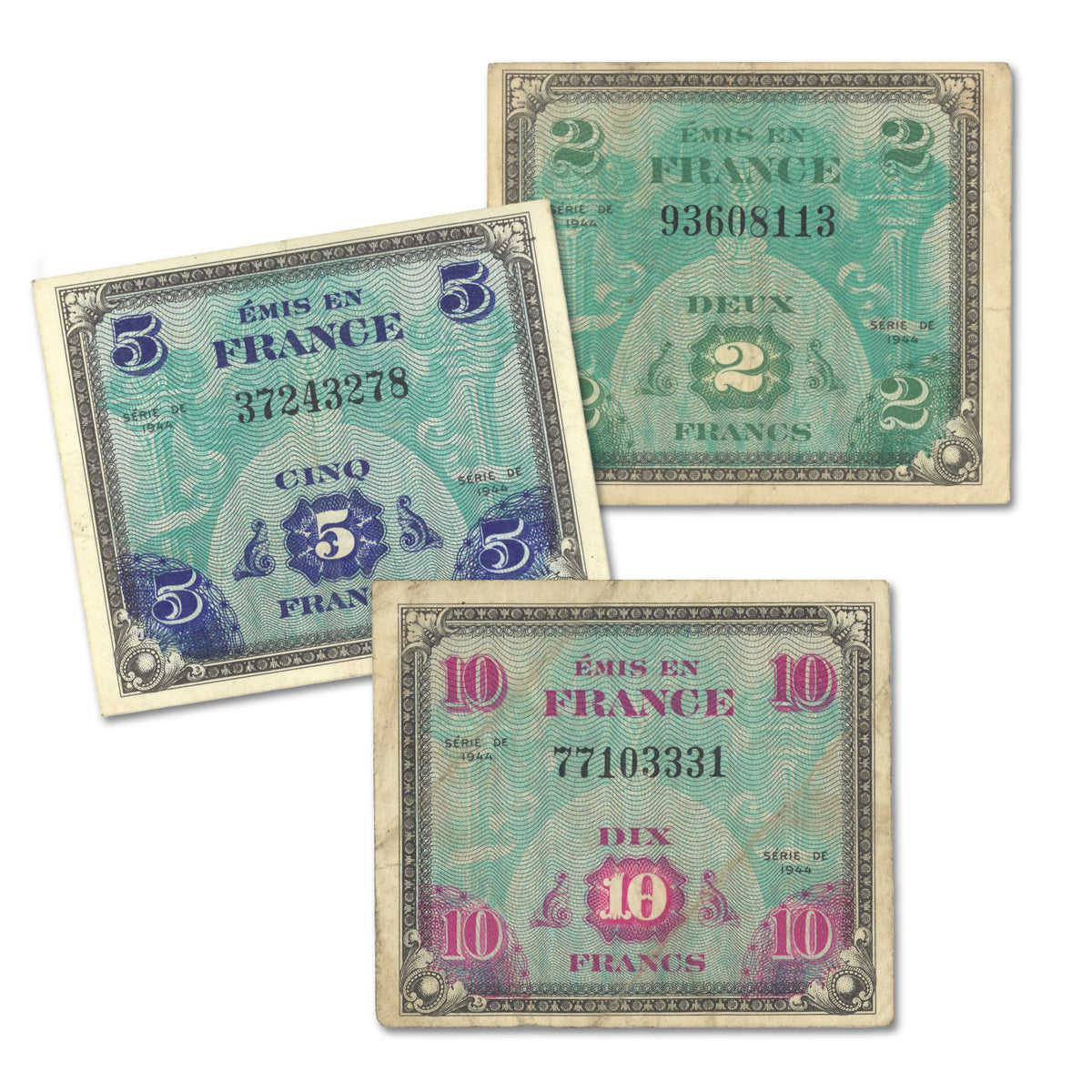 France - Allied Military Currency 2 Francs, 5 Francs, 10 Francs 1944 P# 114a, P# 115a, P# 116a