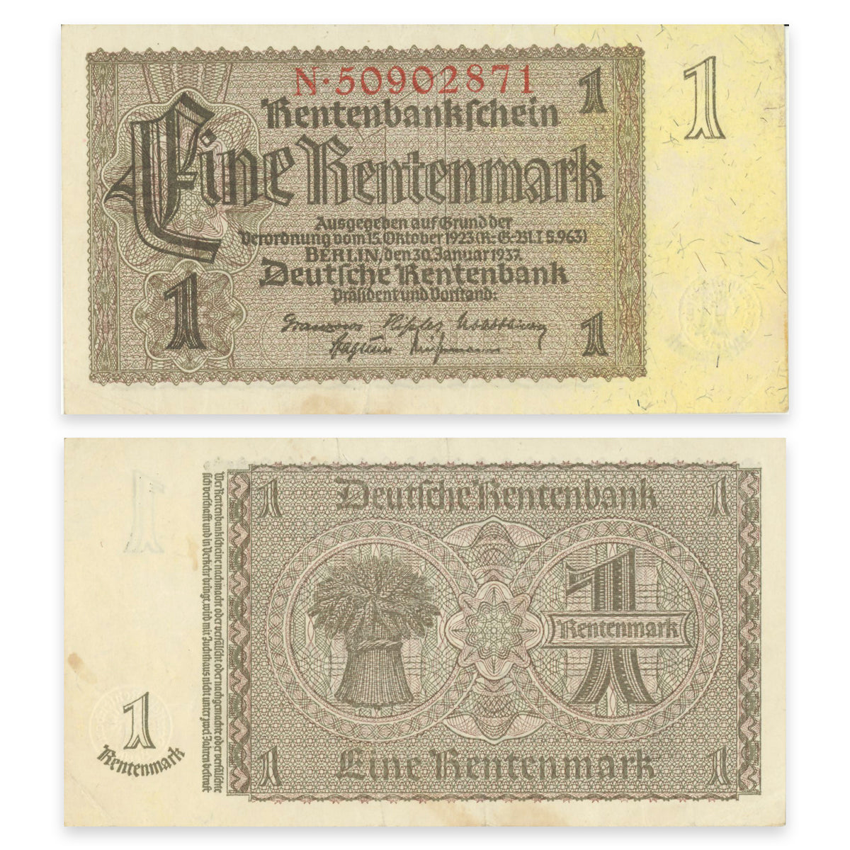 Germany - Rentenbank 1 Rentenmark 1937 P# 173b VF-30