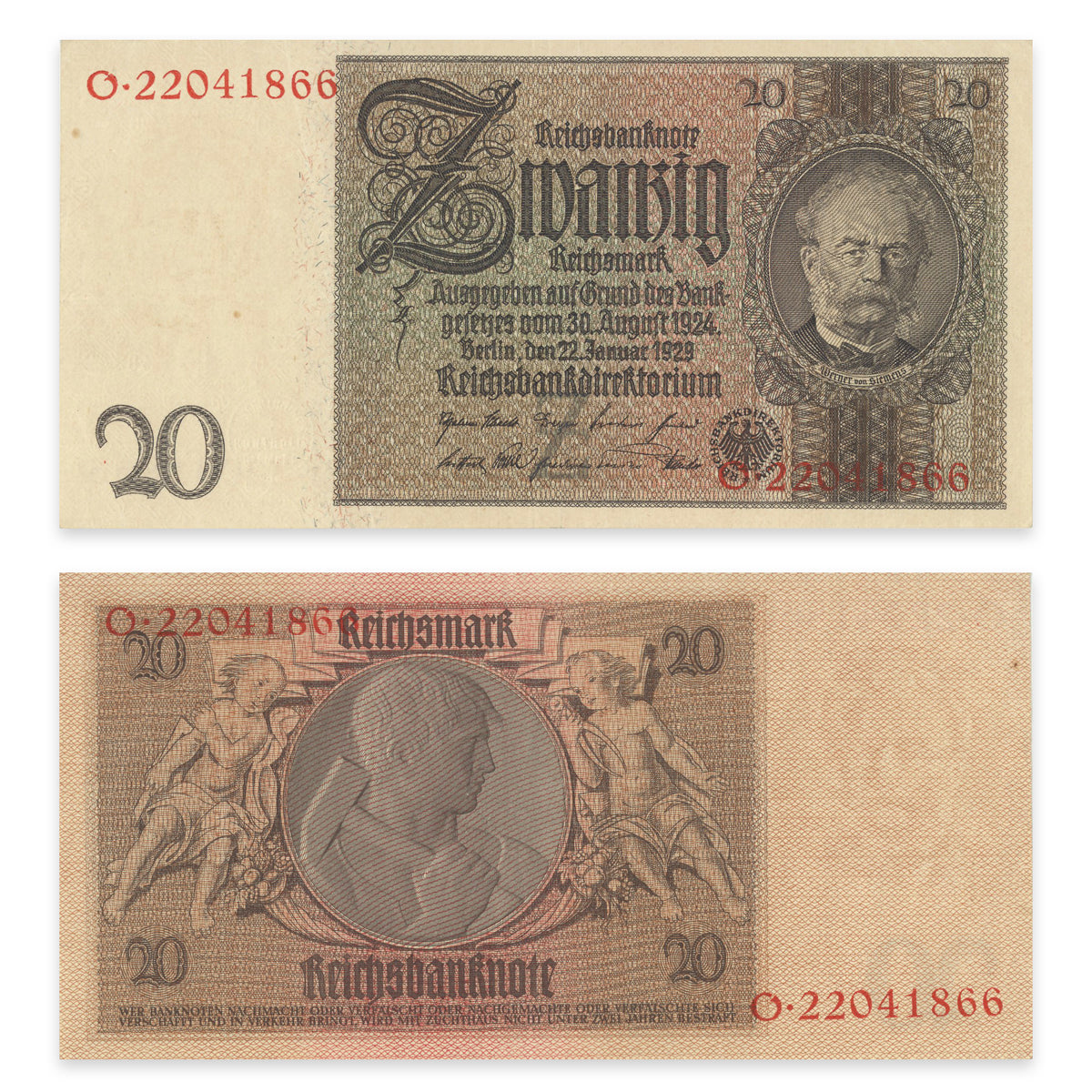Germany - Reichsbanknote 20 Reichsmark 1929 P# 181a EF-40