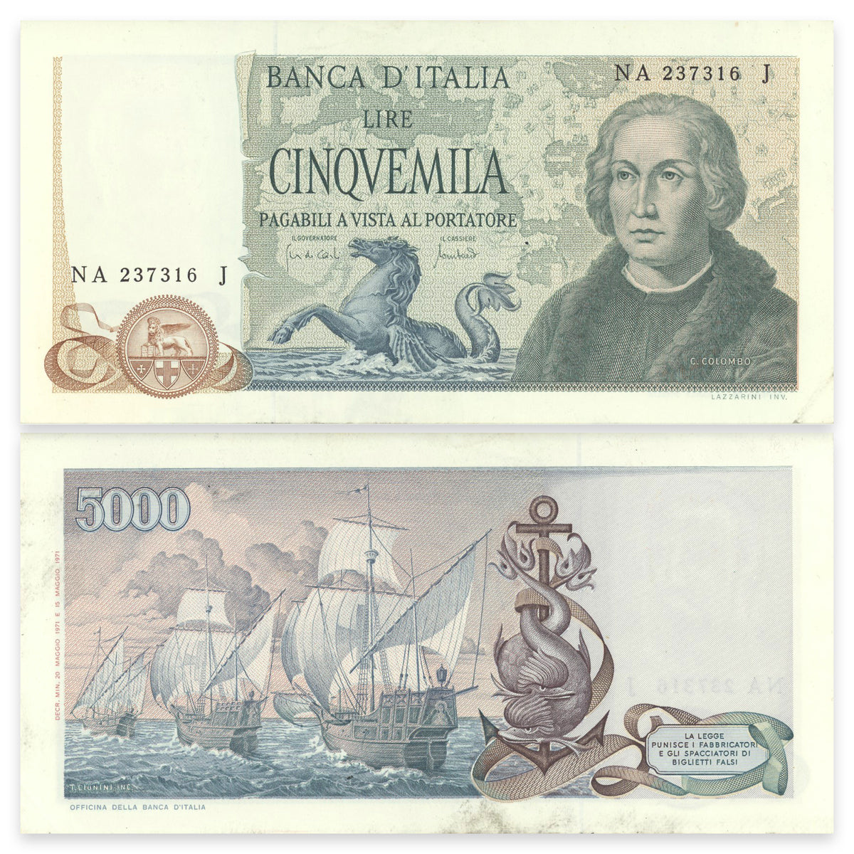 Italy 5000 Lire 1971 P# 102a AU-58