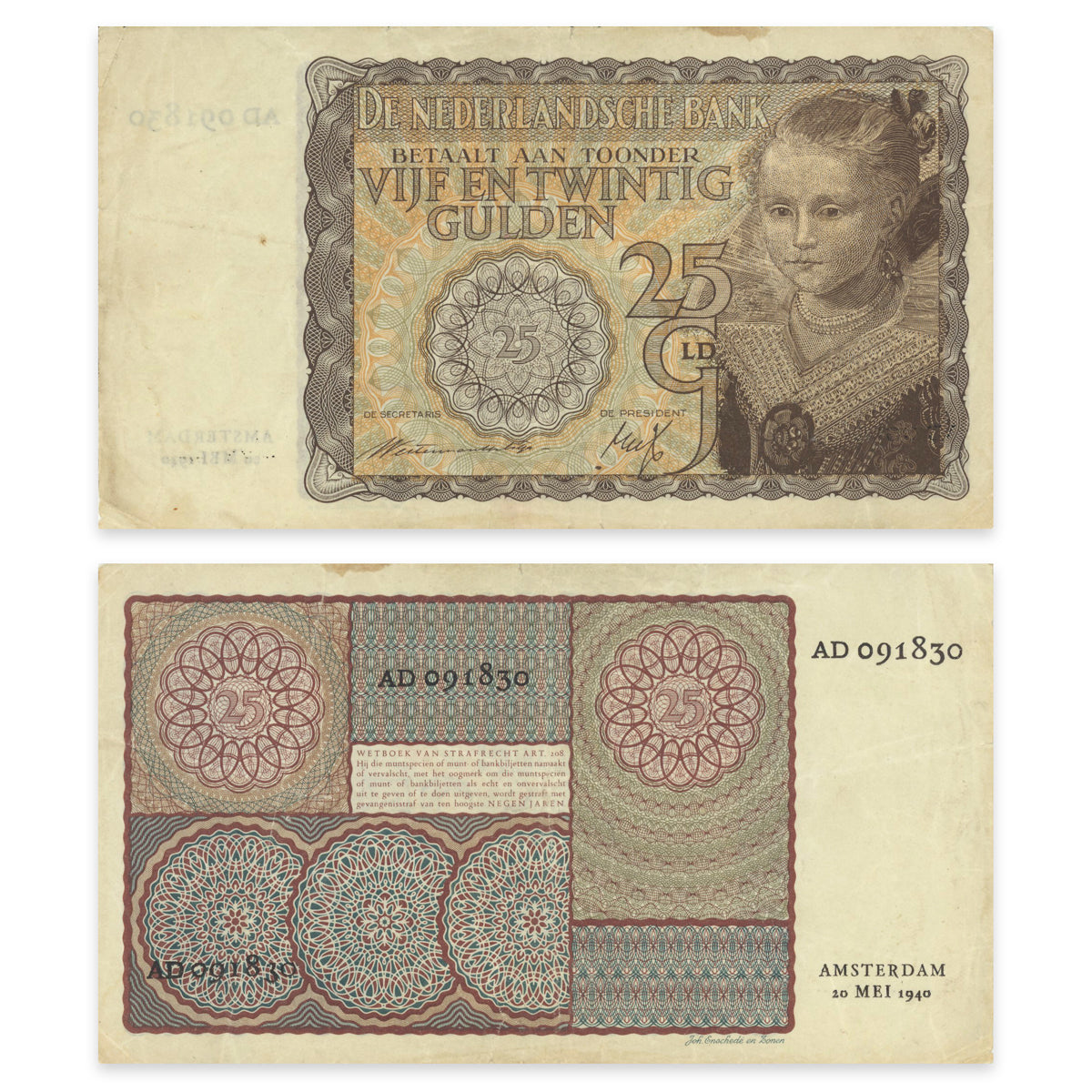 Netherlands 25 Gulden 1940 P# 57 VF-25