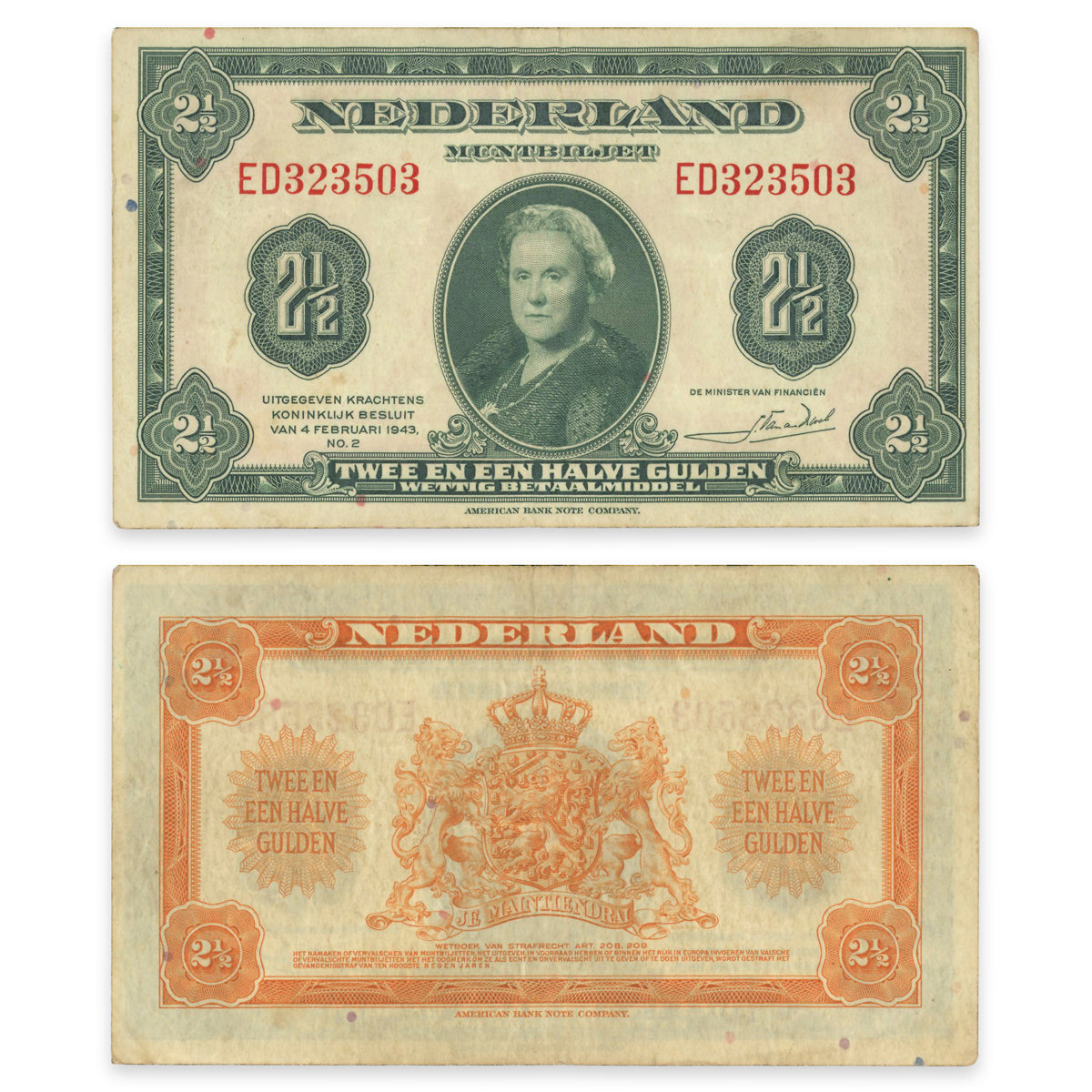 Netherlands 2 1/2 Gulden 1943 P# 65a VF-30