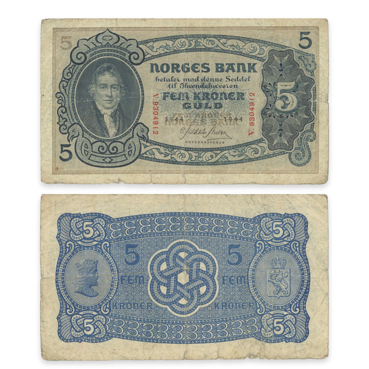 Norway 5 Kroner 1944 P# 7c VG-10