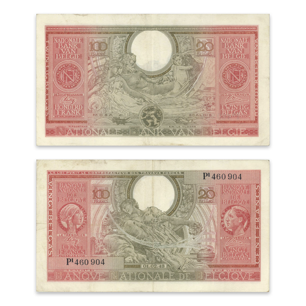 Belgium 100 Francs-20 Belgas 1943 P# 123 VF-35