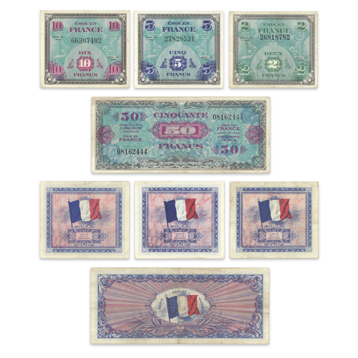France - Allied Military Currency Set of 2 Francs, 5 Francs, 10 Francs, 50 Francs 1944 P# 114a, 115a, 116a, 117a