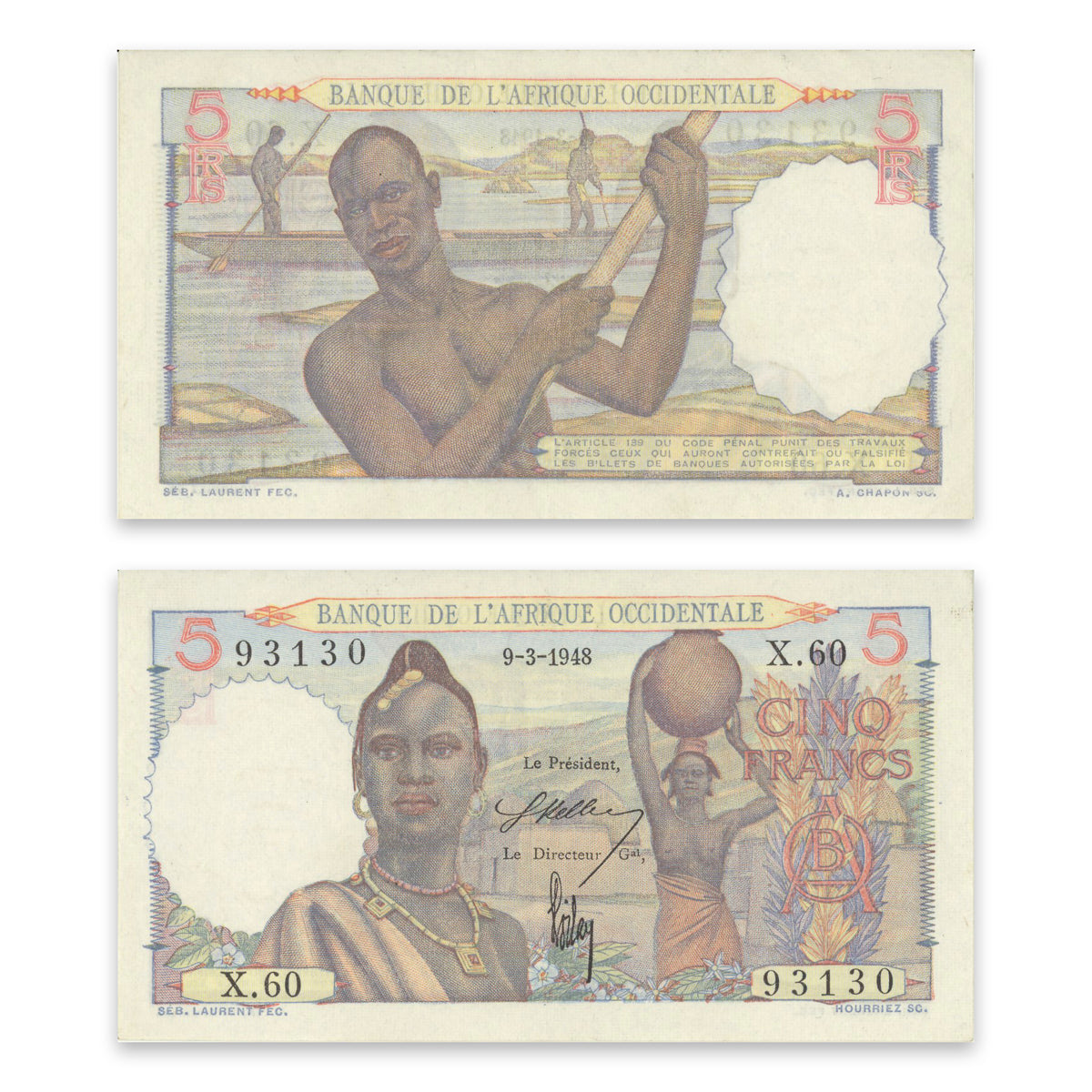 French West Africa 5 Francs 1948 P# 36 EF-40