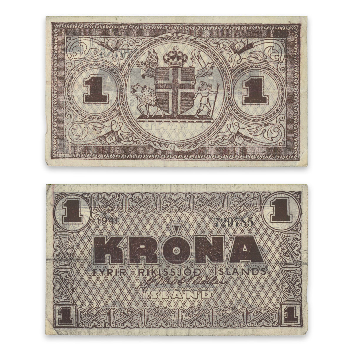 Iceland - Ríkissjóð Íslands 1 Króna 1945 P# 22f VF-20