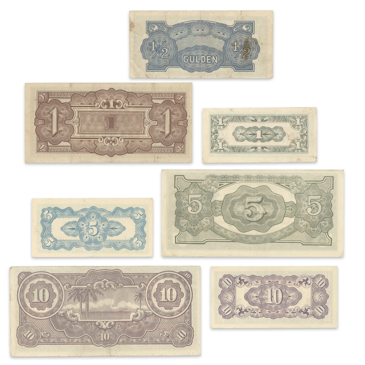 Netherlands Indies (Indonesia) - Japanese Occupation Denomination set of 1 Cent to 10 Gulden 1492 P# 119, 120, 121, 122, 123, 124, 125 Paper Money Set