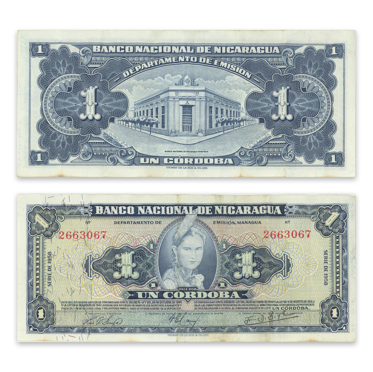 Nicaragua 1 Cordoba 1958 P# 99b VF-30