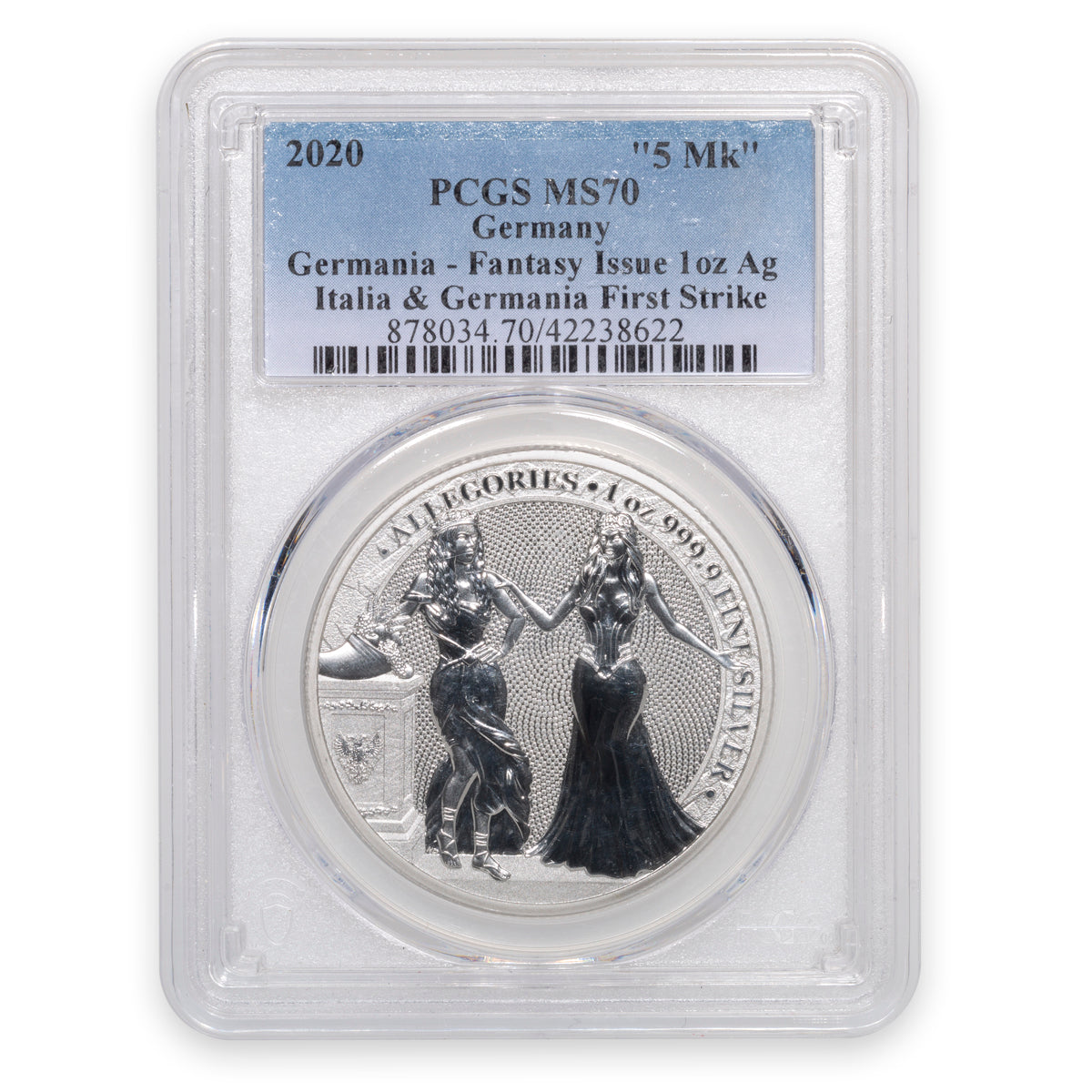 Germany - Germania Mint Fantasy Issue The Allegories: Italia & Germania 1 oz Silver 5 Mark 2020 MS-70 First Strike