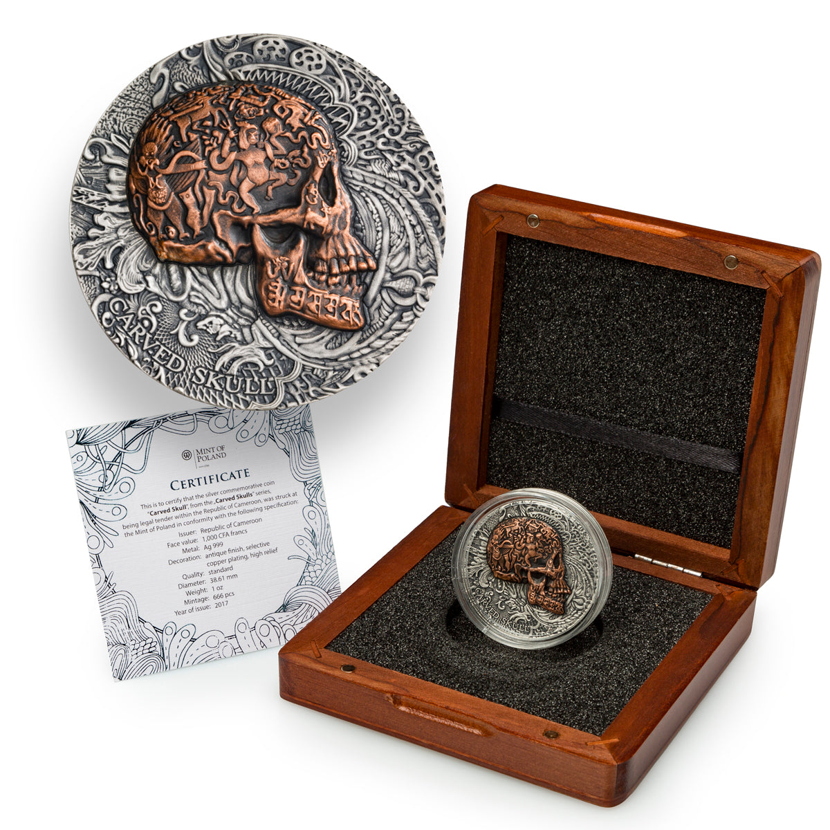 2017 1000 Francs Carved Skull - Pure Silver Coin