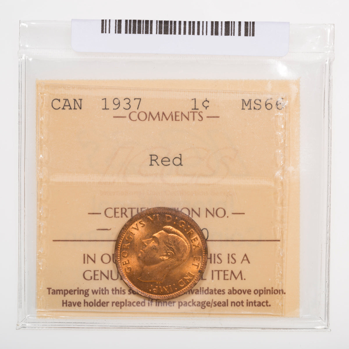 1 Cent 1937 ICCS MS-66 Red
