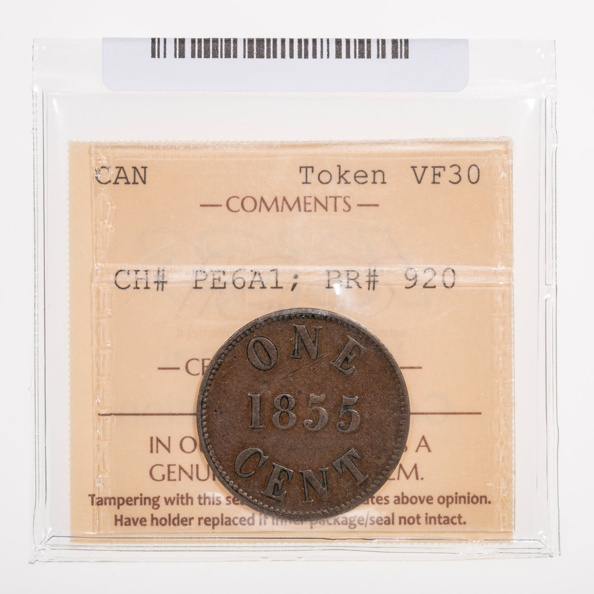 Prince Edward Island CH# PE-6A1 Fisheries And Agriculture - One Cent 1855 Plain fives ICCS VF-30
