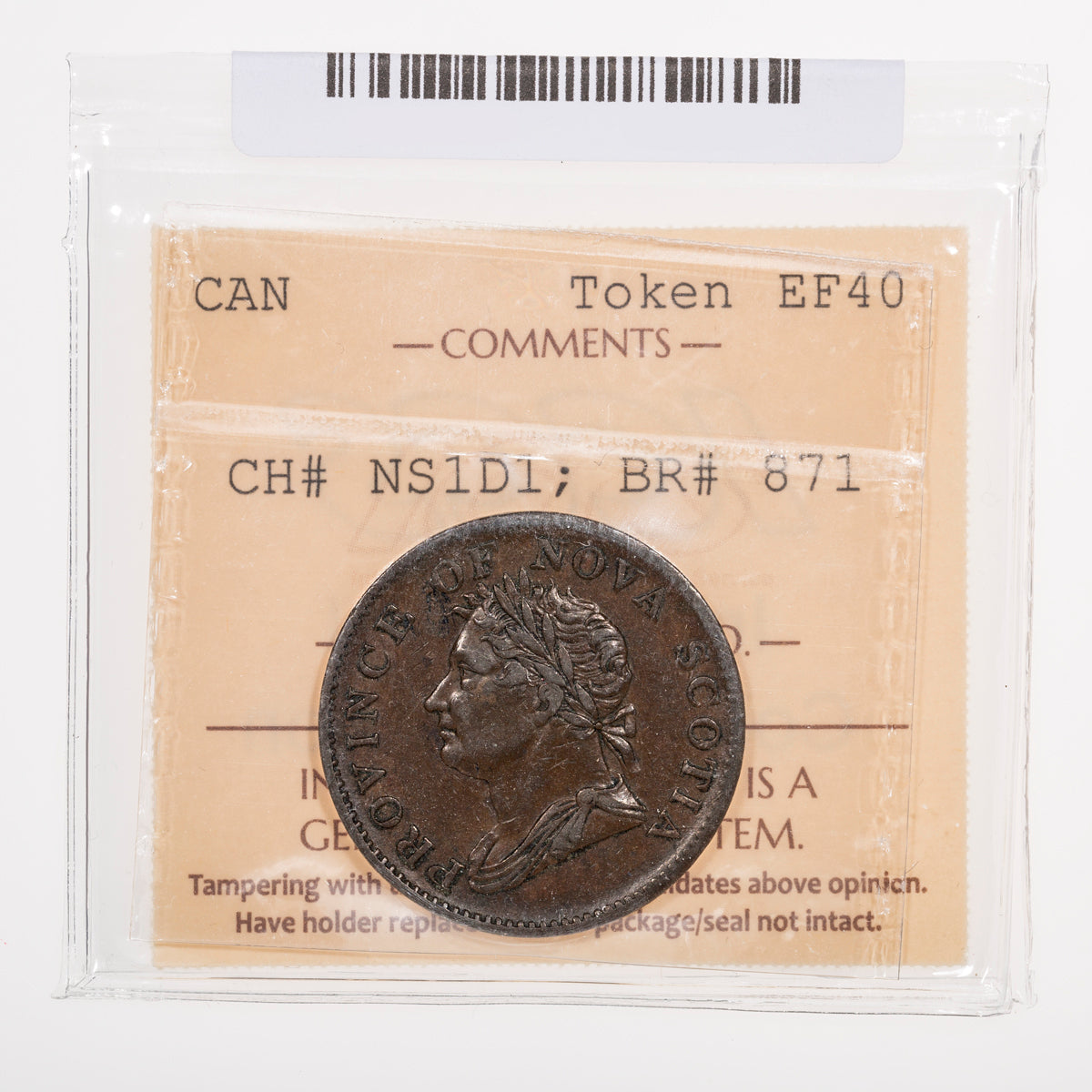 Nova Scotia CH# NS-1D1 Thistle George IV Halfpenny Token 1832 Long left ribbon, Engrailed ICCS EF-40