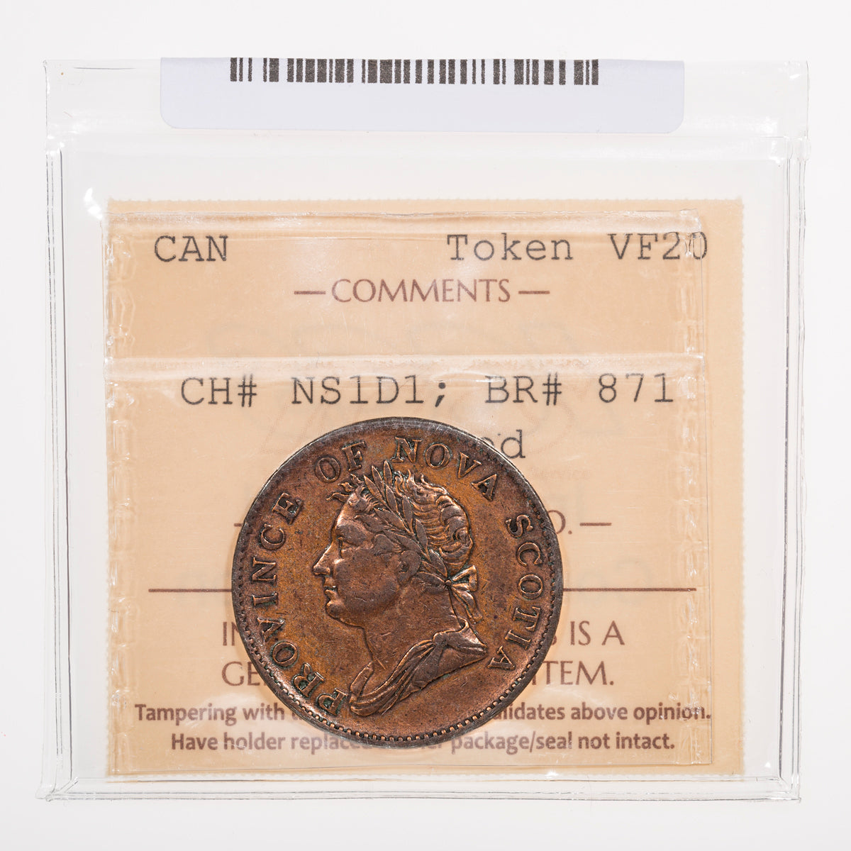 Nova Scotia CH# NS-1D1 Thistle George IV Halfpenny Token 1832 Long left ribbon, Engrailed ICCS VF-20
