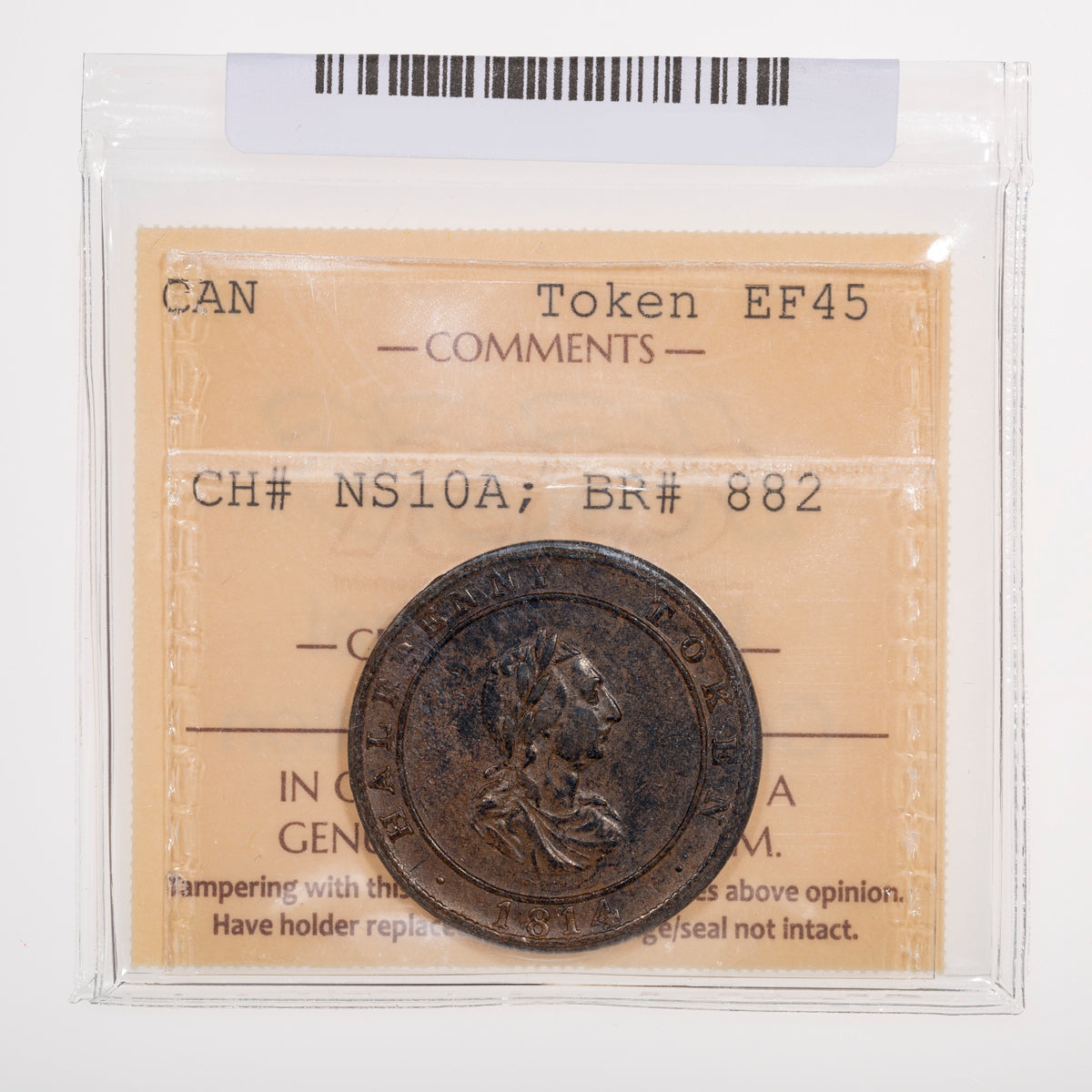 Nova Scotia CH# NS-10A Hosterman & Etter Halifax Halfpenny Token 1814 Inner circle on the obverse ICCS EF-45