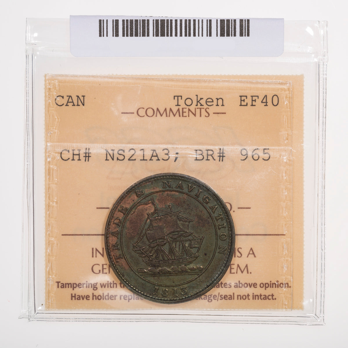 Nova Scotia CH# NS-21A3 Trade & Navigation Half Penny Token 1813 Thirs wave tallest, Engrailed ICCS EF-40
