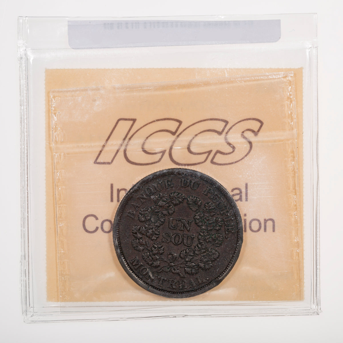 Lower Canada CH# LC-5A3 Banque Du Pouple Un Sou Bas Canada (1838) Belleville; Closed wreath, Small bow, Reeded ICCS EF-40