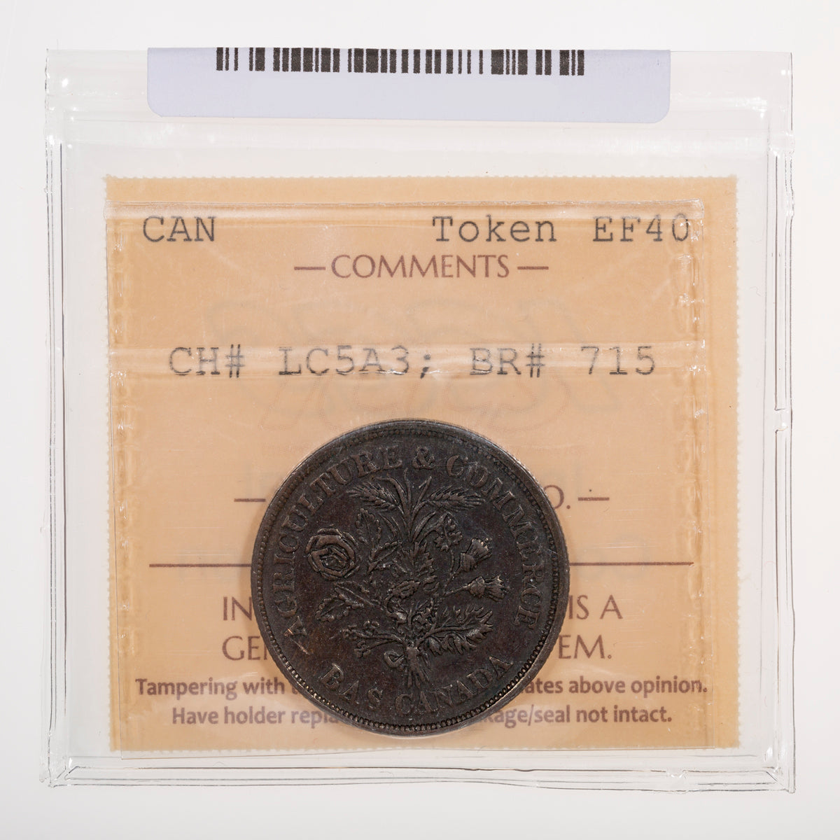 Lower Canada CH# LC-5A3 Banque Du Pouple Un Sou Bas Canada (1838) Belleville; Closed wreath, Small bow, Reeded ICCS EF-40