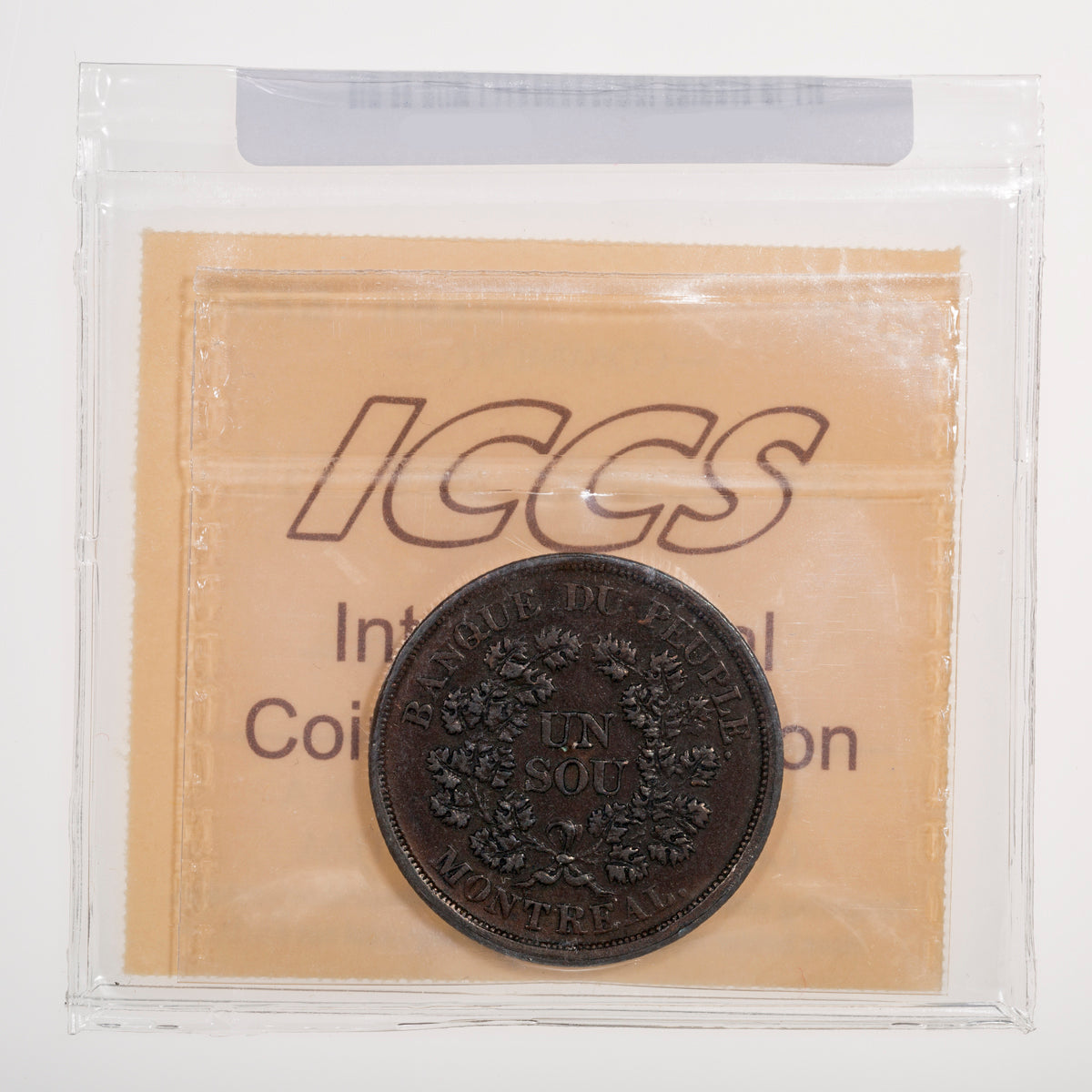 Lower Canada CH# LC-5A3 Banque Du Pouple Un Sou Bas Canada (1838) Belleville; Closed wreath, Small bow, Reeded ICCS EF-40