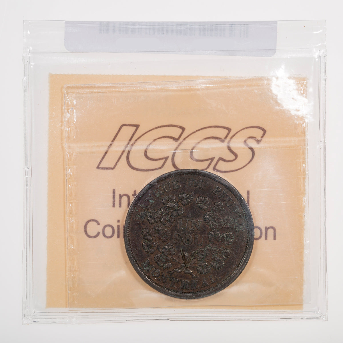 Lower Canada CH# LC-5A3 Banque Du Pouple Un Sou Bas Canada (1838) Belleville; Closed wreath, Small bow, Reeded ICCS EF-40