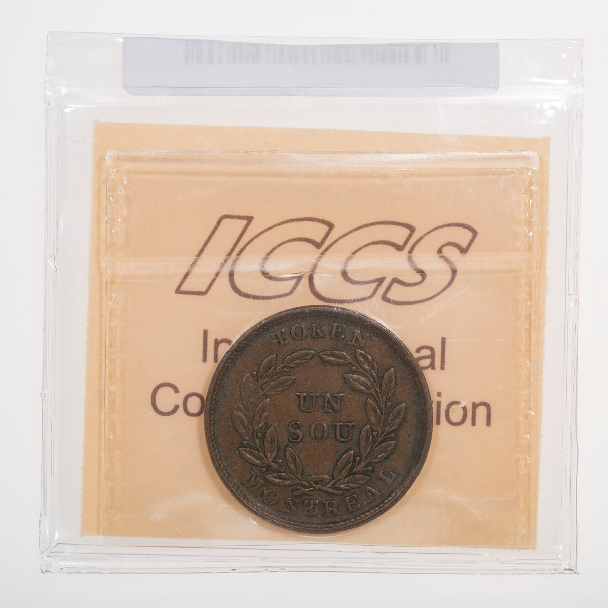 Lower Canada CH# LC-33A1 Bouquet Sou Belleville 20 Leaves 2 Shamrocks ND Small flat bow, Copper ICCS EF-45