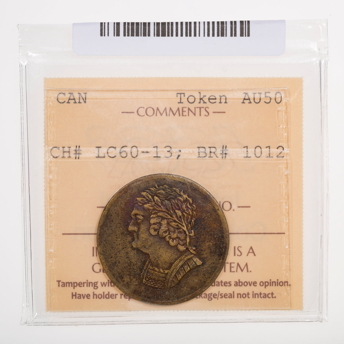 Lower Canada CH# LC-60-13 Bust And Harp 1820 High protuberance; Brass ICCS AU-50