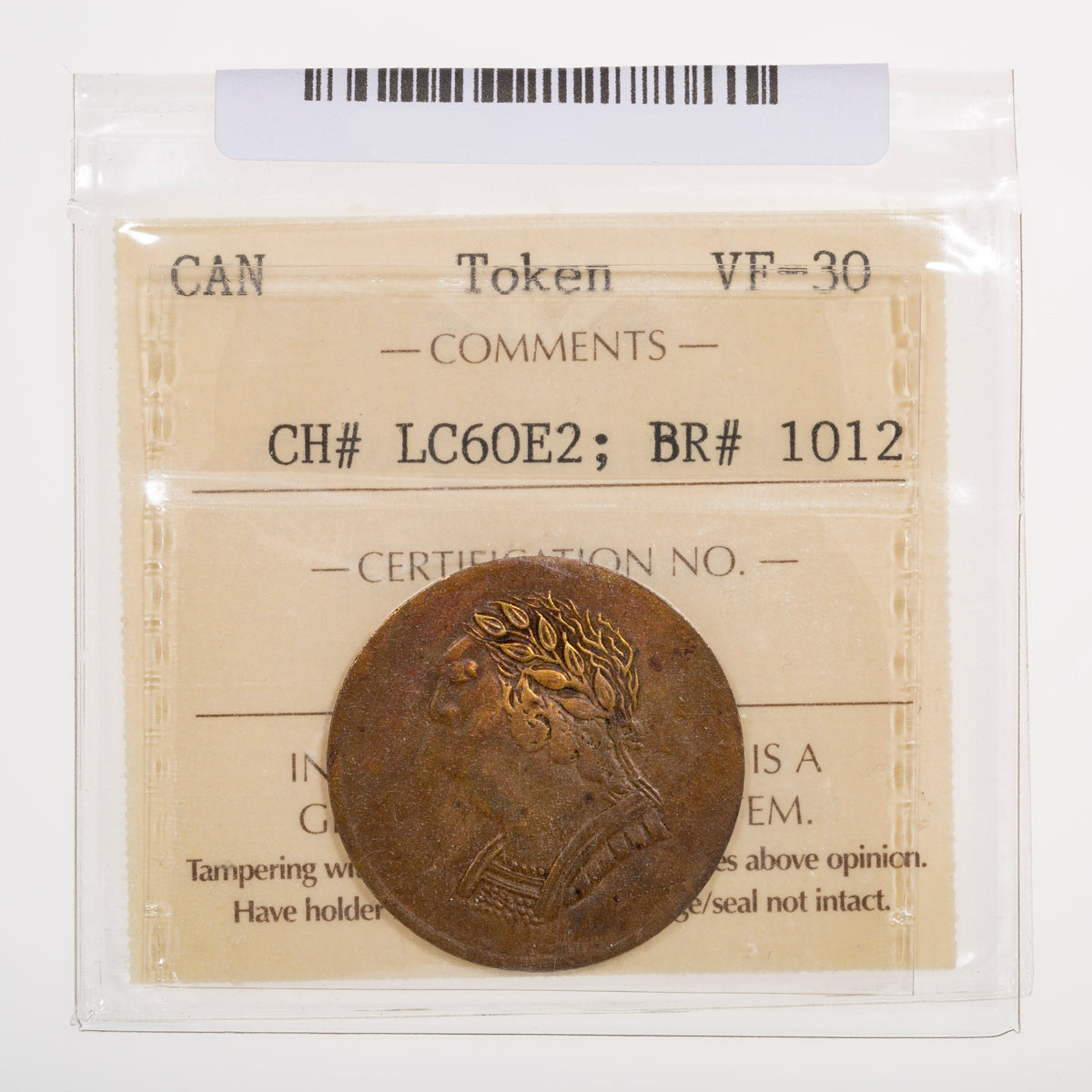 Lower Canada CH# LC-60-17 Bust And Harp 1820 Pointy left lobe, Brass ICCS VF-30