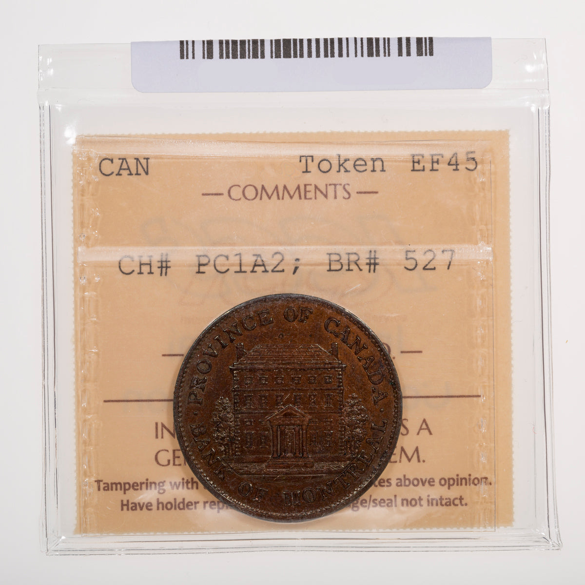 Province of Canada CH# PC-1A2 Bank of Montreal Half Penny 1842 Heavy trees, Short nose beaver ICCS EF-45