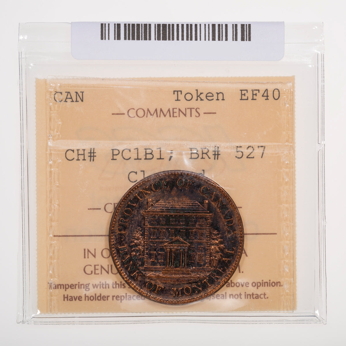 Province of Canada CH# PC-1B1 Bank of Montreal Half Penny 1844 Tall trees, Short nose ICCS EF-40