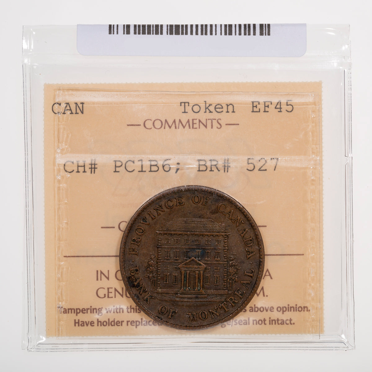 Province of Canada CH# PC-1B6 Bank of Montreal Half Penny 1844 Small trees, Long nose ICCS EF-45