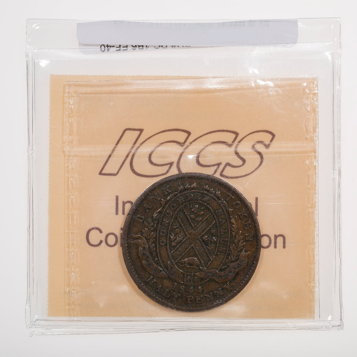 Province of Canada CH# PC-1B6 Bank of Montreal Half Penny 1844 Small trees, Long nose ICCS EF-40