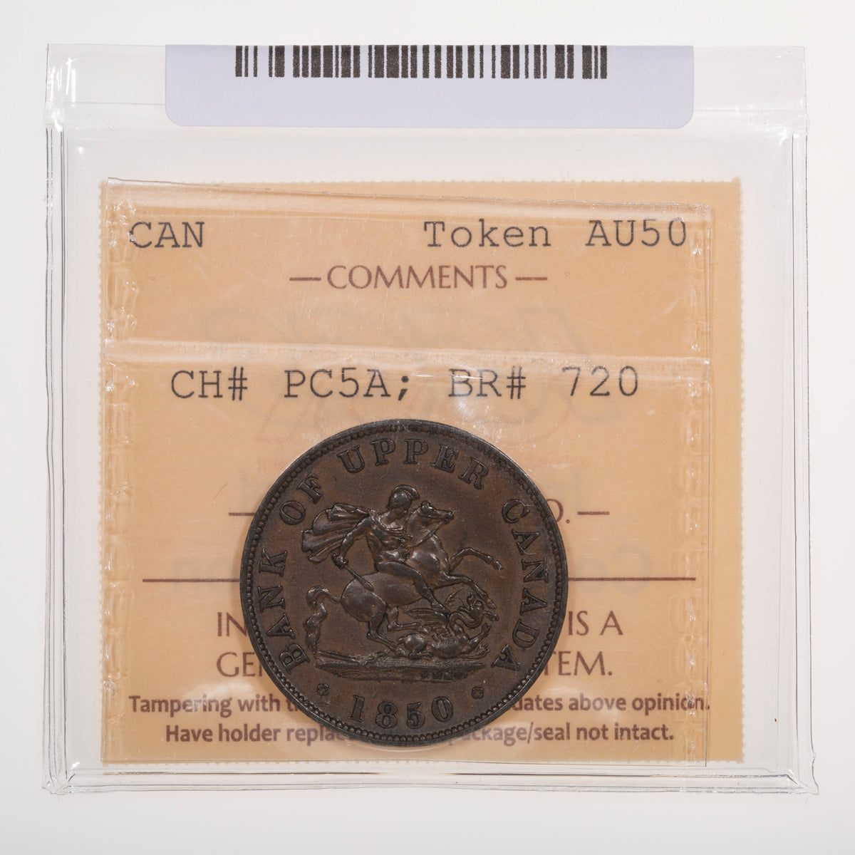 Province of Canada CH# PC-5A Bank of Upper Canada Half Penny 1850 ICCS AU-50