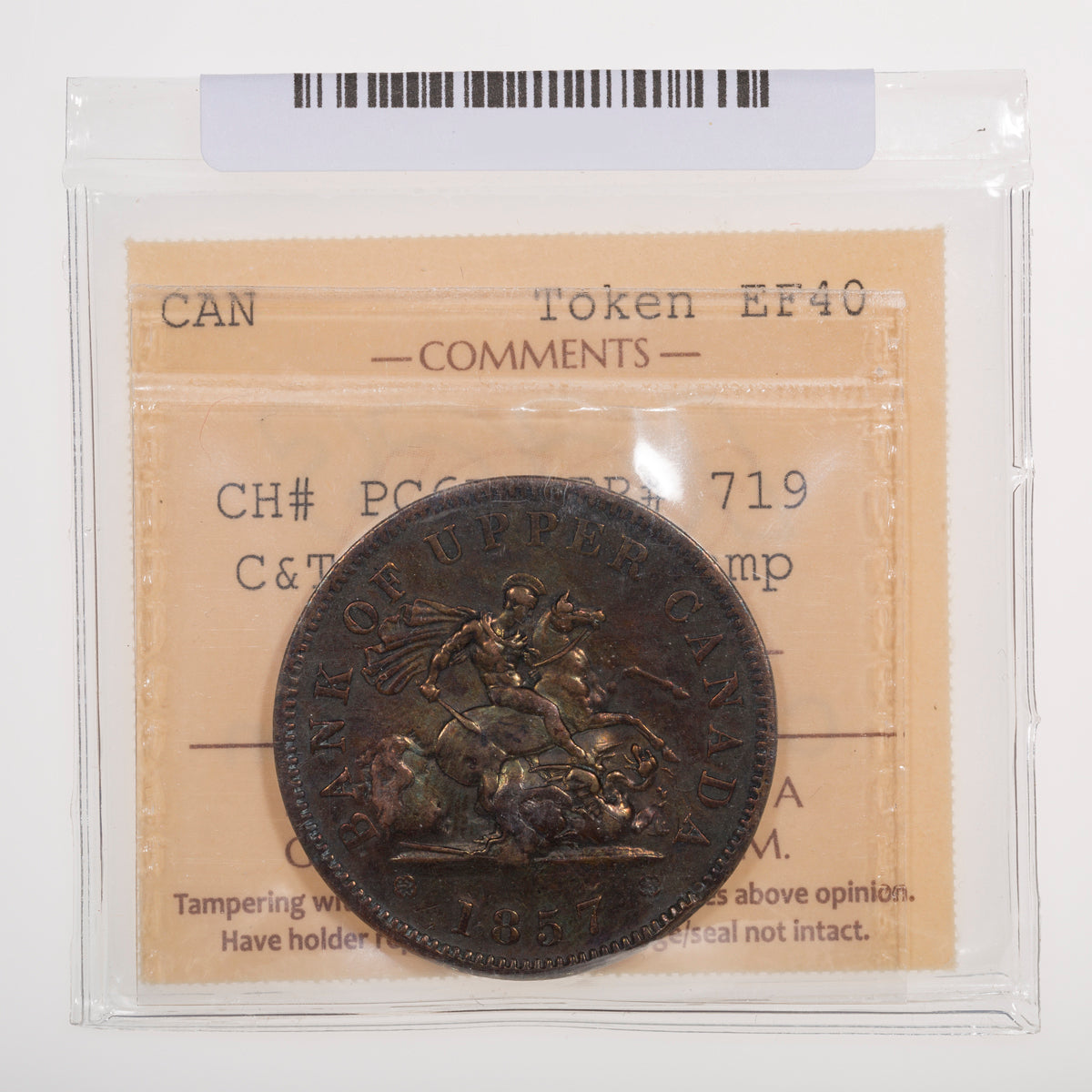 Province of Canada CH# PC-6D Bank of Upper Canada One Penny 1857 C & T Counterstamp ICCS EF-40