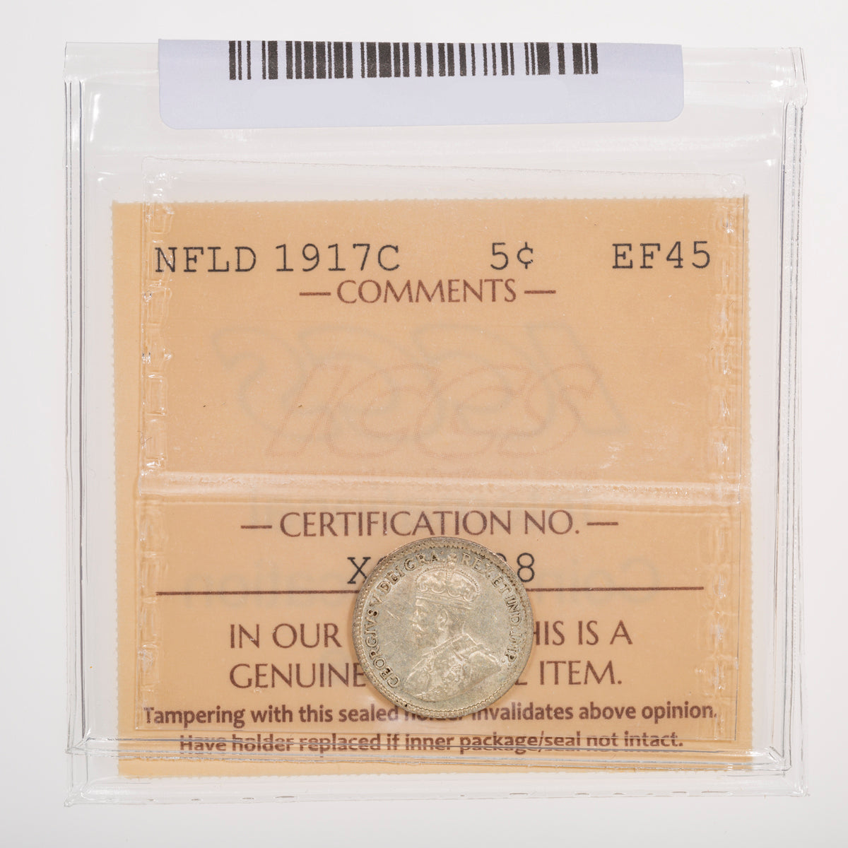 NFLD 5 Cent 1917C ICCS EF-45