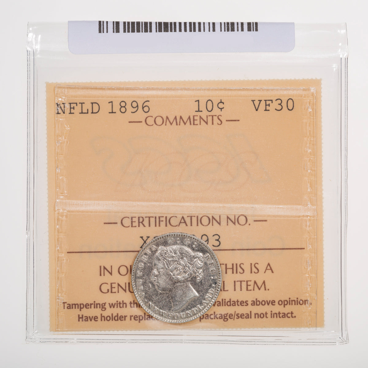 NFLD 10 Cent 1896 ICCS VF-30